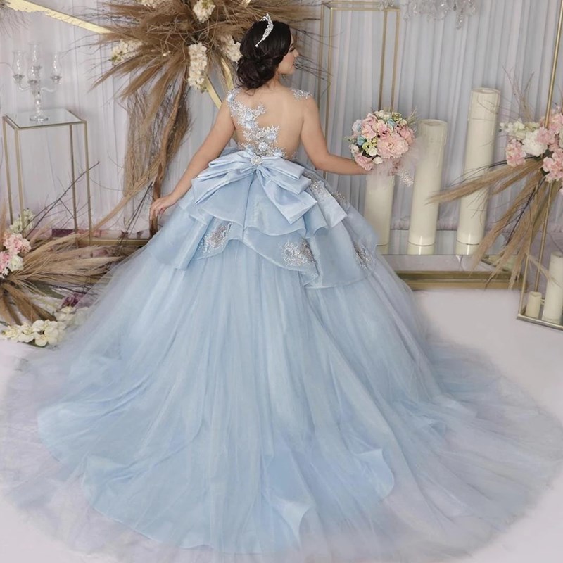 Light Blue Quinceanera Dresses 2022 Sweet 15 Year Ball Gown Sheer Illuion Back Bow Knot Satin Women Birthday Party Gowns Long