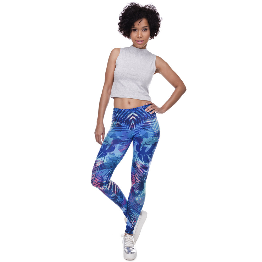 Fashion Women Leggings Tropical Leaves Printing Blue Fitness Legging Sexy Silm Legins High Waist Stretch Trouser Pants 201202