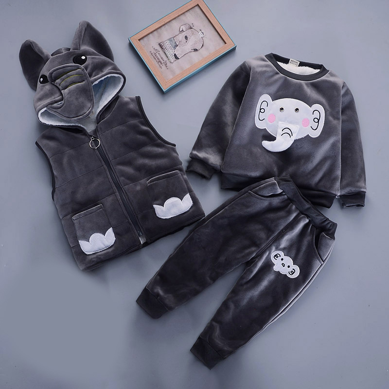 Bear Leader Girls Kids Winter Cartoon Warm Suits 3PCS Zipper Vest with Hat and Cat Pattern Sweat and Striped Pants Girls OutfitsX1019