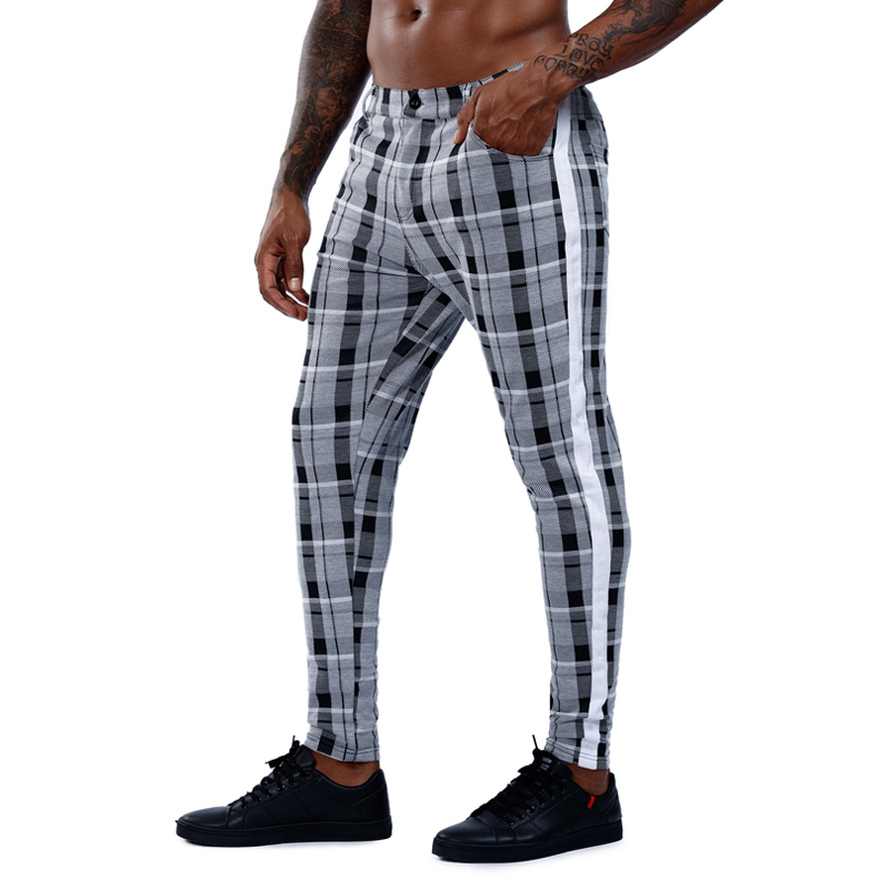 Casual Mens Chinos Cotton Slim Fit Men Pants Trousers Skinny Chinos Pants Grey Ankle Length Streetwear Plaid Side Stripe Pants 201118
