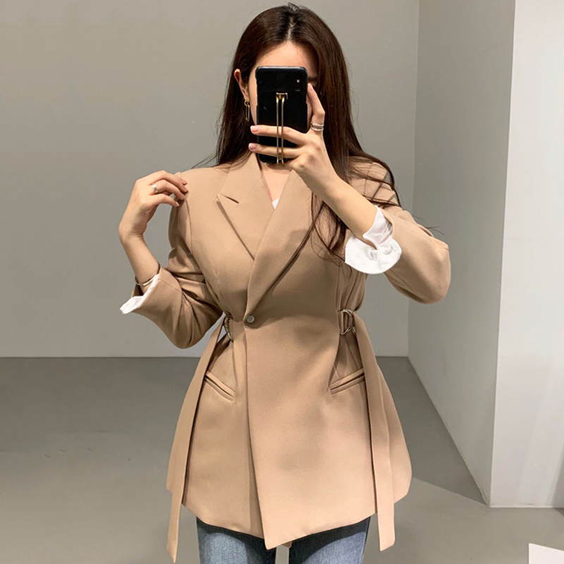 [EWQ] Fashion Autumn Minimalism Women Blazers And Jackets Work Office Lady Suit Slim Business Solid Color Coat Khaki Chic 201201