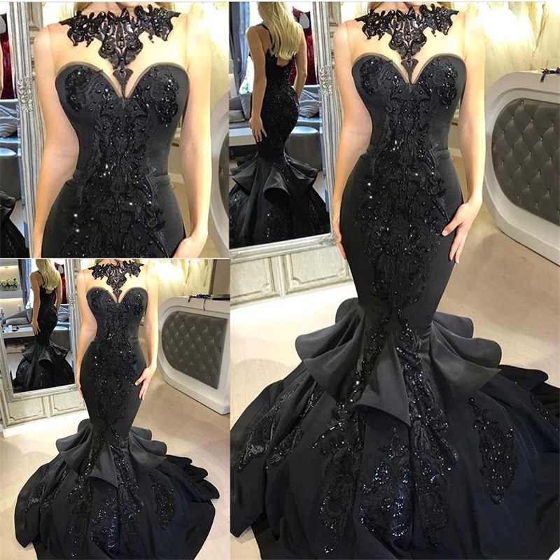 Real Image Black Prom Dresses Bling Sequins Beads Evening Dresses Jewel Sheer Neck Sleeveless Tiered Satin Pageant Dress Custom Made