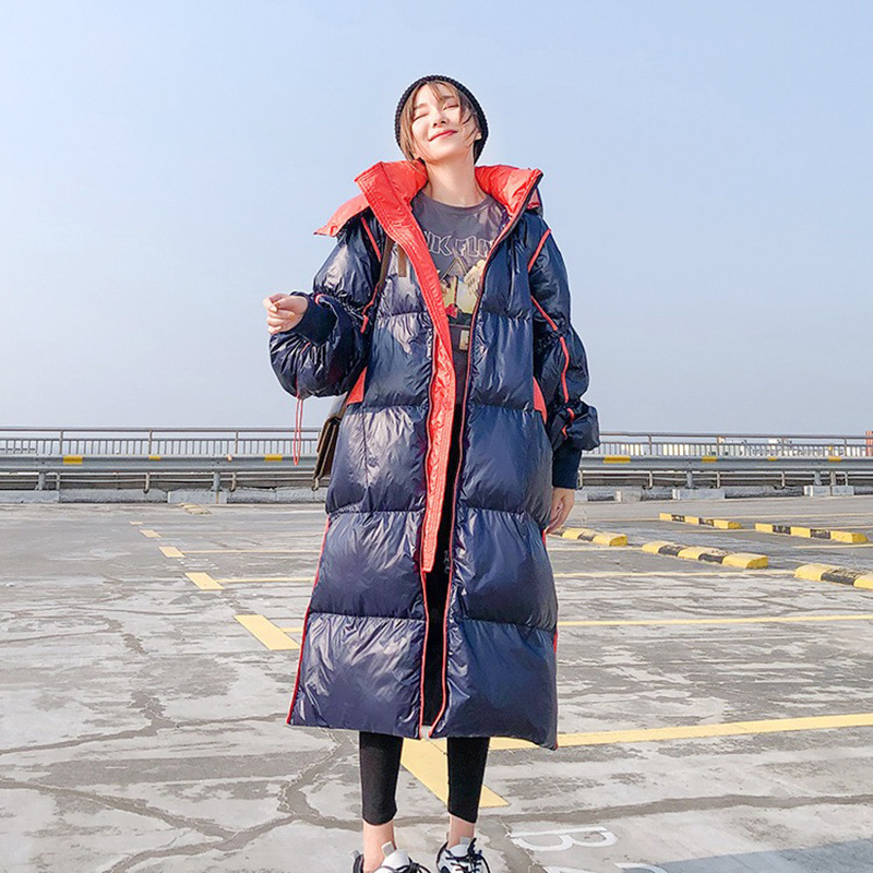 Winter new down jacket woman hooded bright face long runway show Korean version of loose casual white duck down coat 201030
