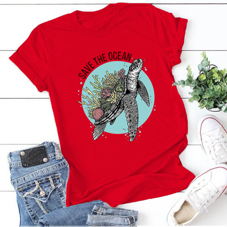 SAVE THE OCEAN Letter Sea Turtle Growing Coral Print T shirt Women Cute Graphic Tshirts Causal Harajuku Vintage Ladies T-shirt