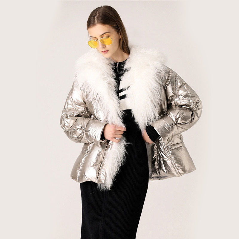 Large Real Fur Collar 2019 Winter Jacket Women 90% White Duck Down Coats Short Loose Parkas Outerwear Waterproof Glossy Jackets T200107
