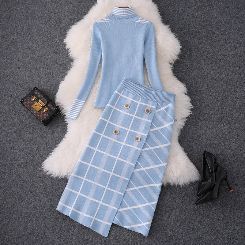 Female Winter Autumn Stripe Double-knit Sweater Breasted Trellis Skirt Women' Ensemble Tightly Knit Turtleneck 2 Joint R403 Hety, Blue
Female Winter Autumn Stripe Double-knit Sweater Breasted Trellis Skirt Women' Ensemble Tightly Knit Turtleneck 2 Joint R403 Hety, Blue