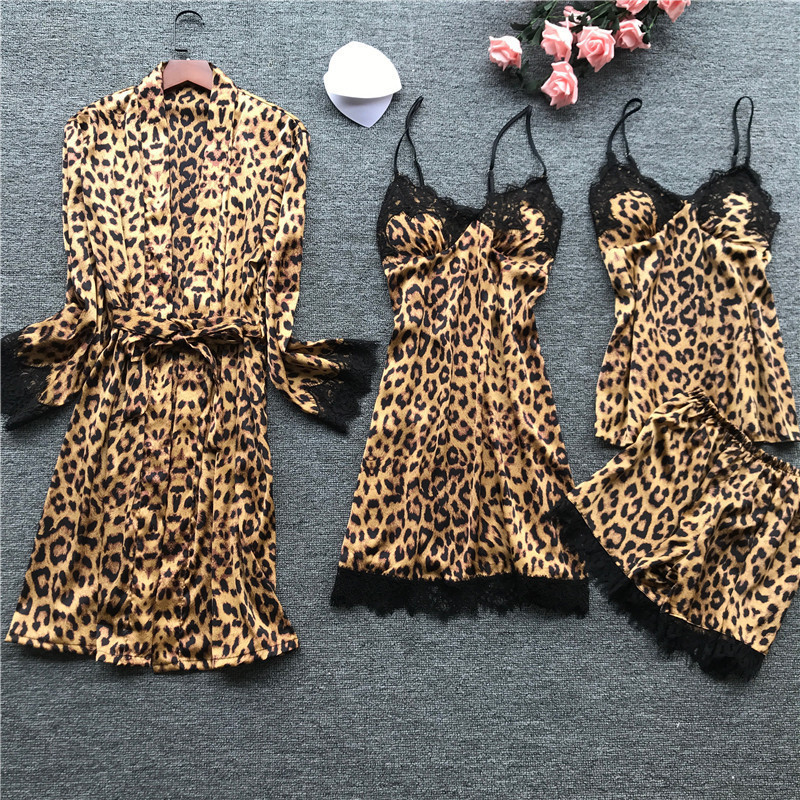 New Leopard Print Sexy Summer Women Pajamas Sets Long Sleeve Pant Twinset Pyjama 201027