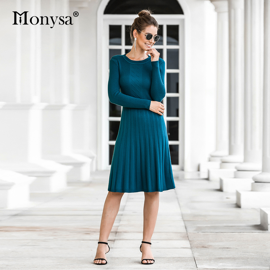 Casual Knitted Dress Women Fall Winter Long Sleeve Slim Fit Midi Dresses Ladies Pleated Sweater Dress Blue Black Brown 201110