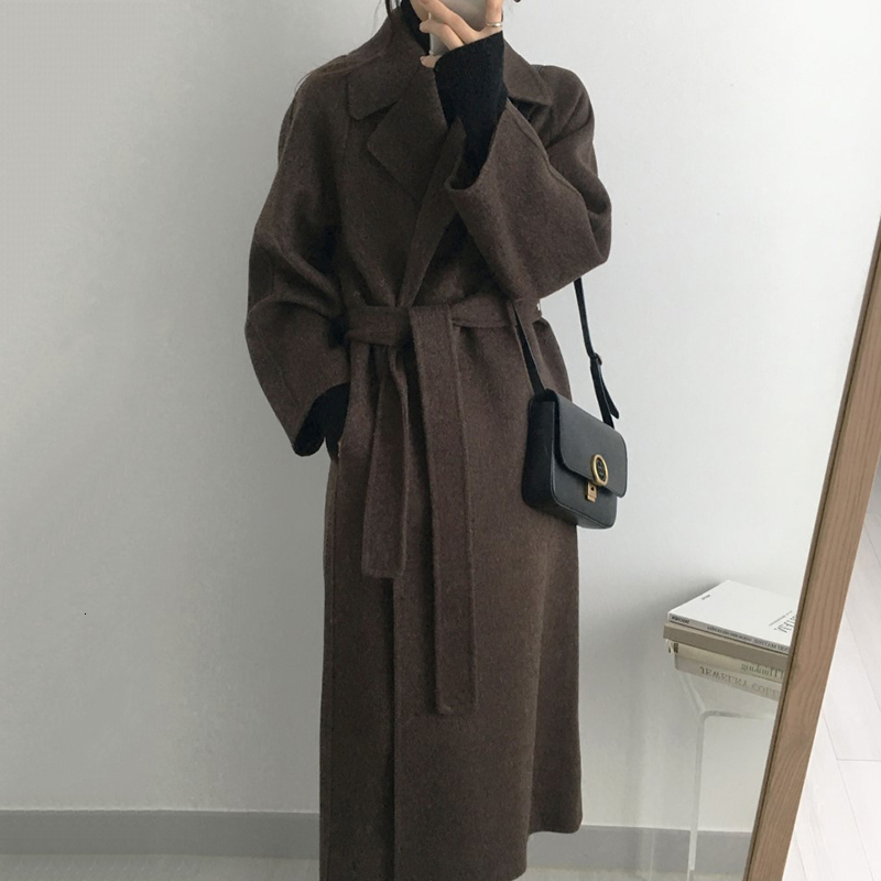 Autumn Winter New Minimalist Full Sleeve Wool Woolen Coat Long Warm Warm Color Fashion Casual Loose Woolen Coat QL879 T200315