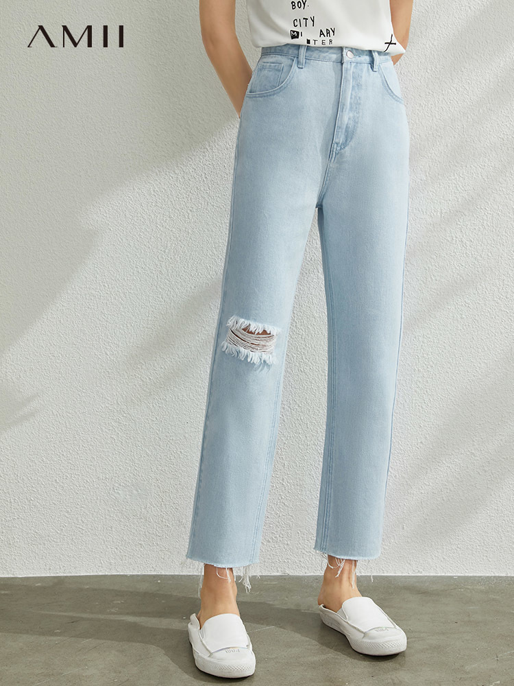 AMII Minimalism Spring Summer Hollow Out Light Blue Women Jeans Caual Straight Letter Printed Female Pants 12070216 201105