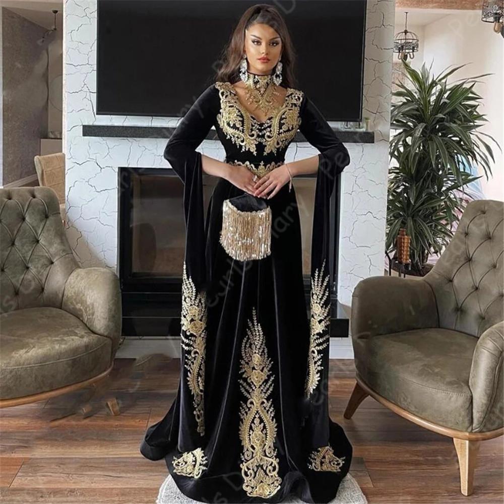Vintage Black Kaftan Moroccan Evening Dress With Lace 2022 Dubai Arabic Muslim Prom Dresses Long Sleeve Ceremony Formal Gowns Robes De Soirée Vestidos