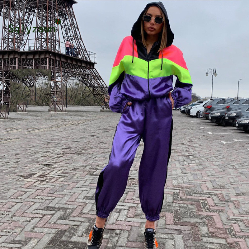 Neon Patchwork Sportwear Women Two Piece Outfits Hooded Long Sleeve Jacket Top + Pants Streetwear Tracksuit Women Matching Sets 201119