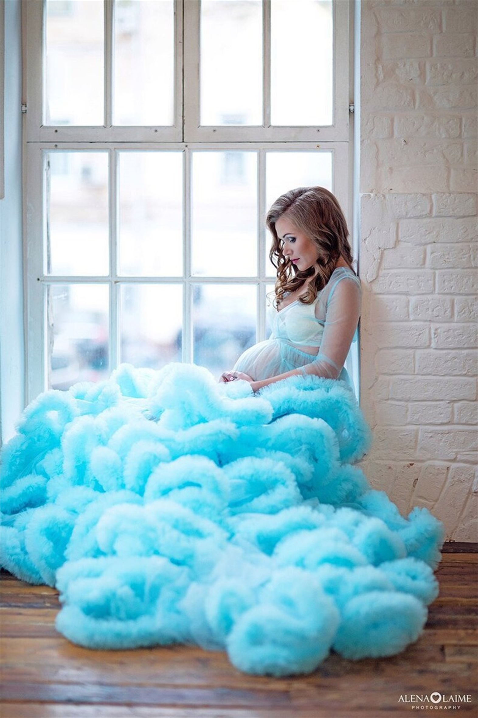 Sky Blue Pregnant Women Night Robe Wedding Bride Bridesmaid Robes Tulle Lace Sleepwear Pyjamas Long Lingeries Bridal Party Shower Robe