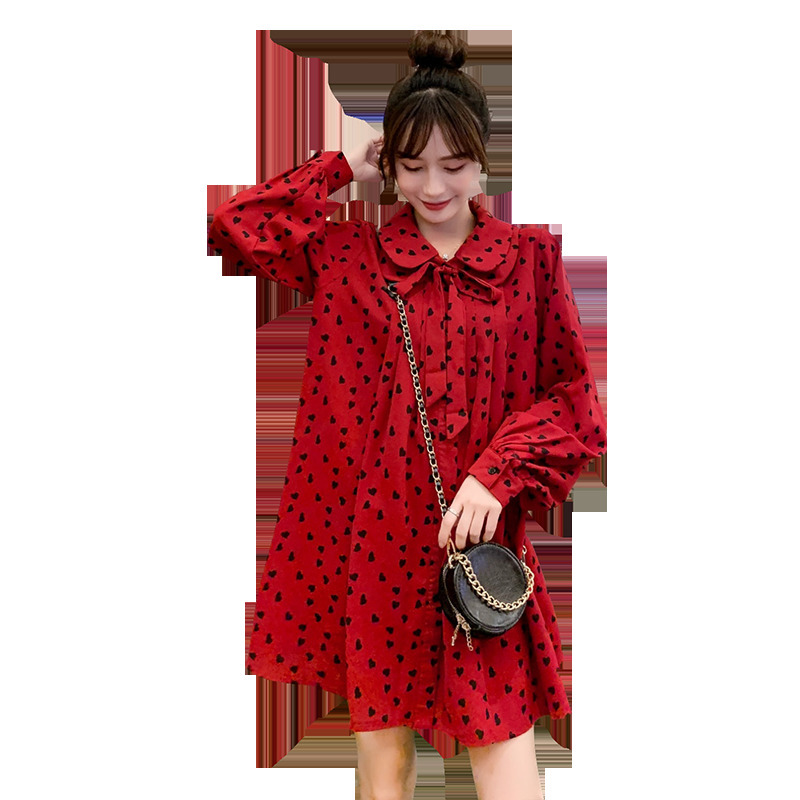 528# Autumn Korean Fashion Red Chiffon Maternity Blouses Sweet Loose Shirts Clothes for Pregnant Women Fall Pregnancy Tops Tunic LJ201120