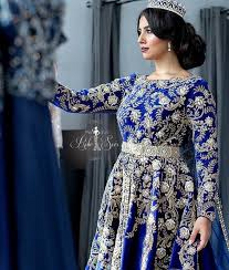Elegant Royal Blue Evening Dresses with Cape Long Sleeve Appliqued Moroccan Kaftan Prom Dress 2021 robe de soiree Party Gowns