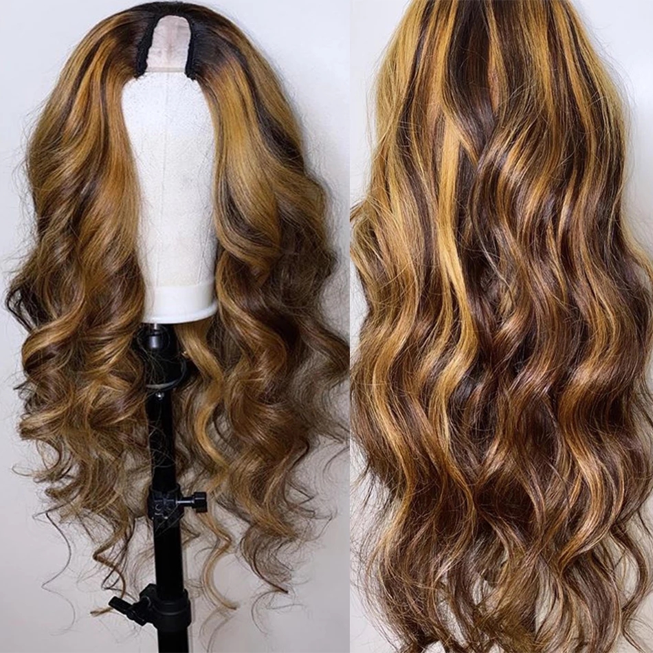 Wig ombre human hair u part no leave out brown blonde 4/27 colored Remy Brazilian 150% density Upart Wigs no need glue full natural