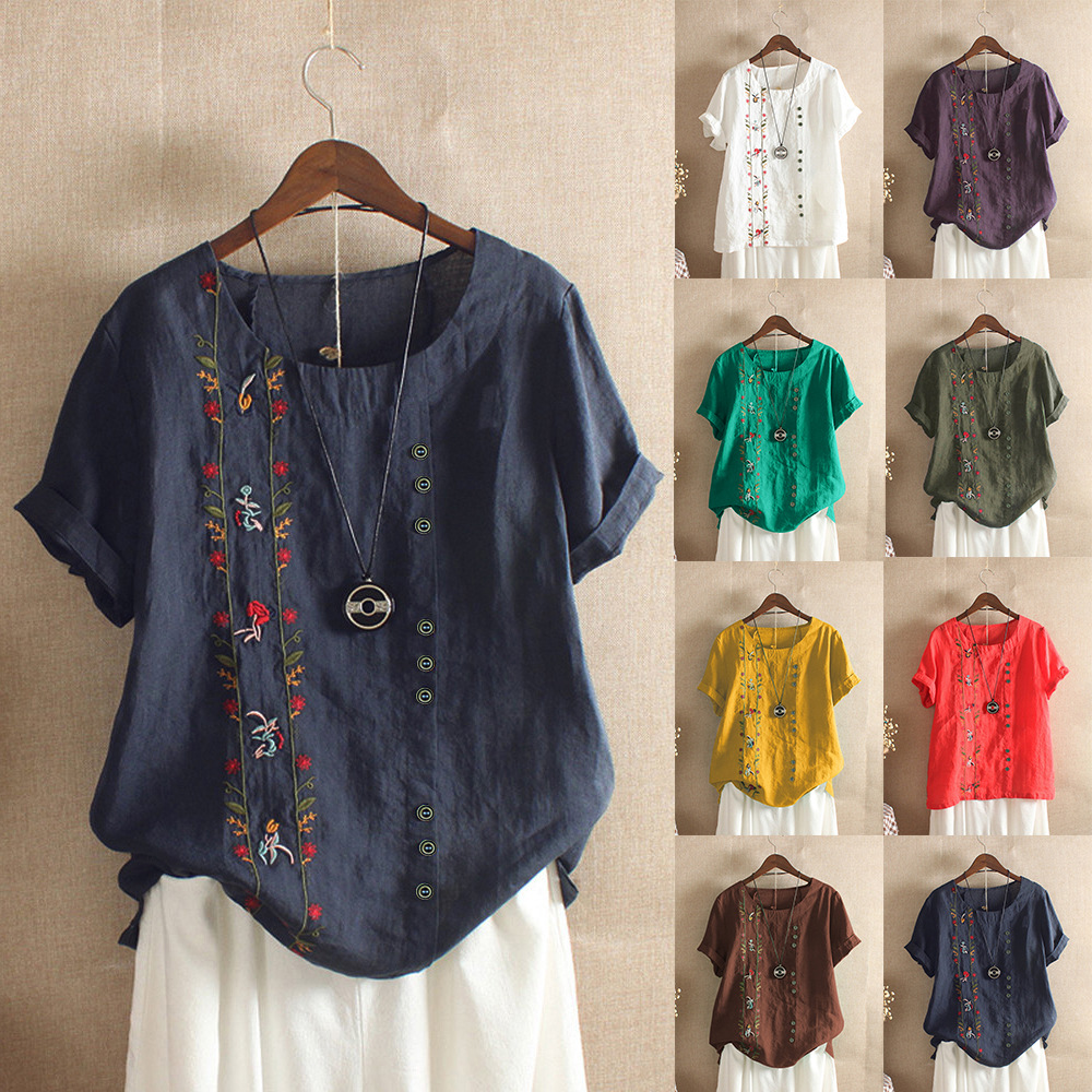 plus size 5xl Summer Kawaii Embroidery of cotton and linen flowers T Shirts Women o neck Short Sleeve Tops Tees Casual Female