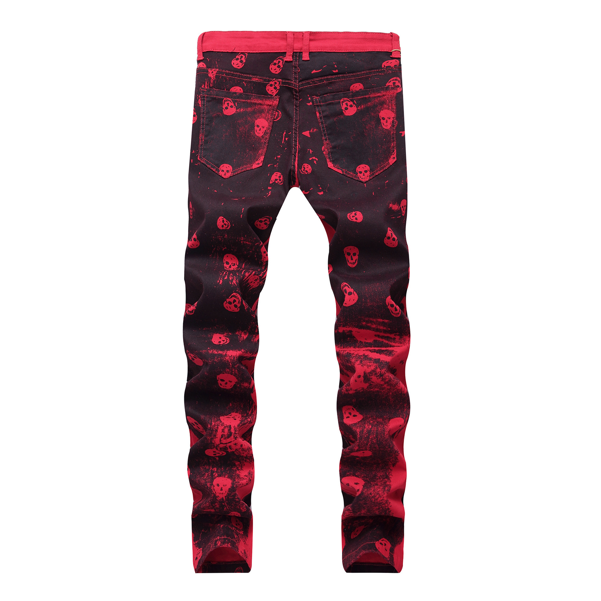 Autumn Men's Fashion Skeleton Skull Printed Night Club Personality Jeans Male Slim Fit Red Denim Pants Long Trousers,9001 201223