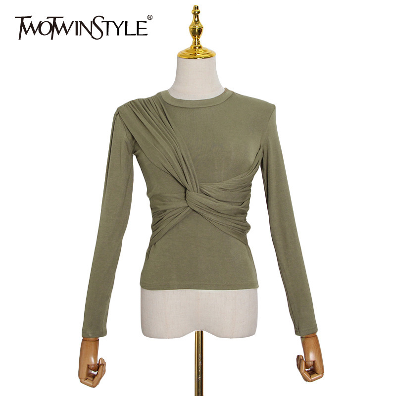 TWOTWINSTYLE Casual Black T Shirt For Women O Neck Long Sleeve Cross Ruched Slim Knitted Tops Female Fall Fashion New Tide 201125, Green
TWOTWINSTYLE Casual Black T Shirt For Women O Neck Long Sleeve Cross Ruched Slim Knitted Tops Female Fall Fashion New Tide 201125, Green