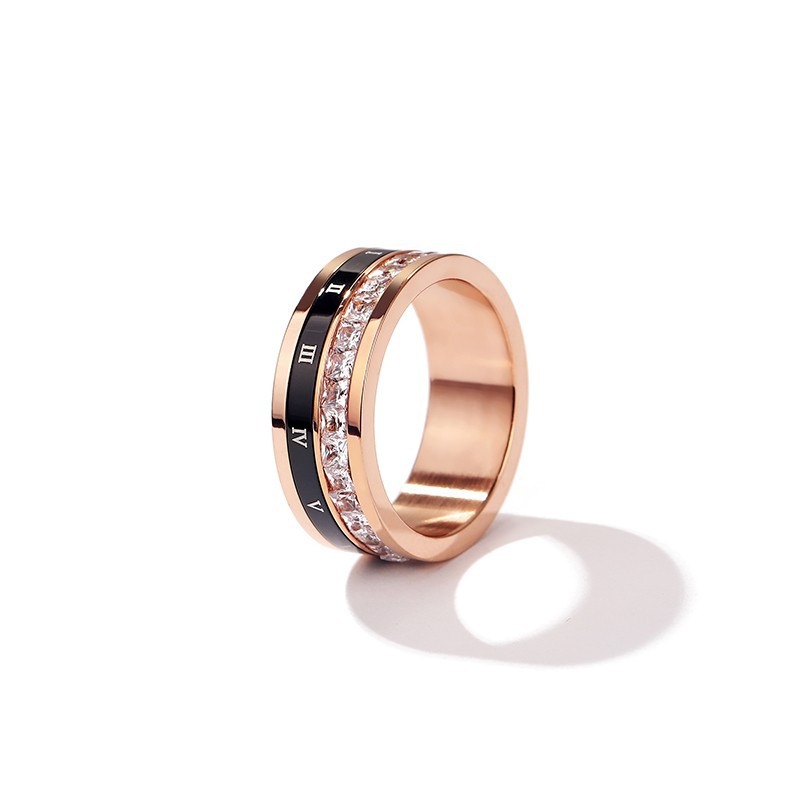 Rotatable Black Roman Numerals Circle Ring Square Cubic Zirconia Rose Gold Rings Jewelry
