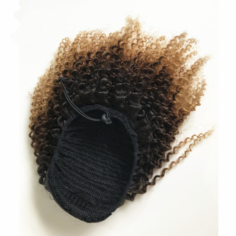 Curly Human Hair Ponytail with bang fringe 1b/27 Ombre blonde Drawstring Pony Tail Hairpieces Afro kinky puff Clip In Hair Extension