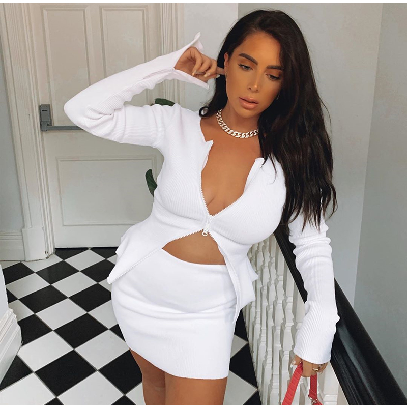 Asia White Sweater Women Sexy Double Zipper Cardigan Celebrity Wear Long Sleeve Split Cuff Short Knitted Tops Winter Clothes 201017