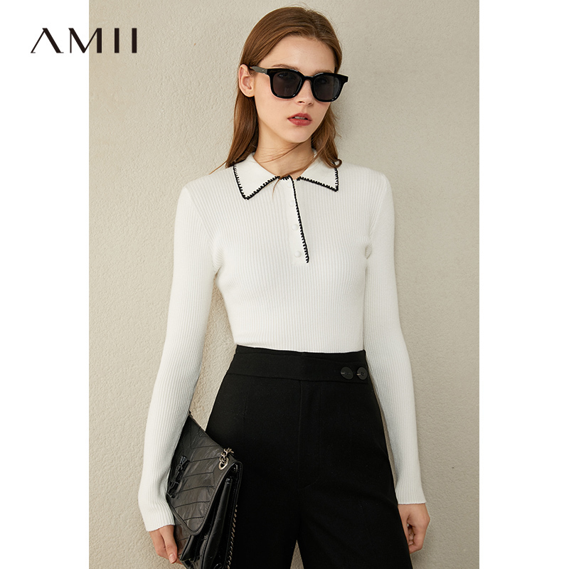AMII Minimalism Autumn Winter Women's Sweater Temperament Spliced Slim Fit Lapel Women Pullover Female Sweater Tops 12030393 201031
