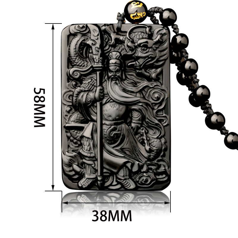 Natural Obsidian Pendant with Beads Chain Dragon Guan Gong Guan Yu Hold Broadsword Knight Pendant Necklace for Men/women Jewelry 201014