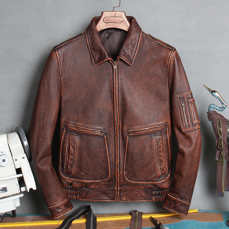 Plus MA-1 bomber leather coatthick cowhide Jacketmen's genuine Leather jacketman vintage brown leather clothes 201127