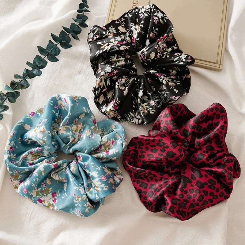 Satin Silk Solid Color Oversized Scrunchies Leopard Floral Print Elastic Hair Bands Rings Women Girls Headband Hair Accessories
