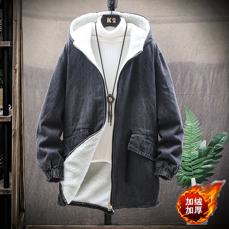 Denim Trench Coat Long Plus Size Hooded Windbreaker Mens Autumn Winter Loose Casual Jacket Fashion Manteaux Men Coats KK60FY 201128