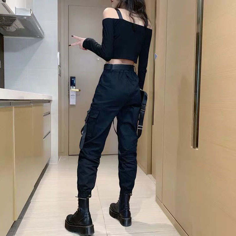 EACHIN Fashion Women Self Belted Elastic Waist Cargo Pants Female Loose Streetwear Pants Casual Plus Size Korean Style Trousers 201113