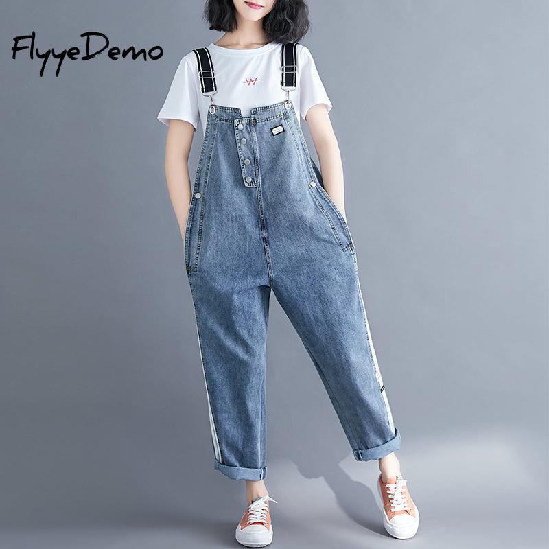 Women Clothing Denim Fabric Patch Rompers Autumn Overalls Women Jumpsuits Big Size Bib Pants Women Overalls Female Rompers T200509