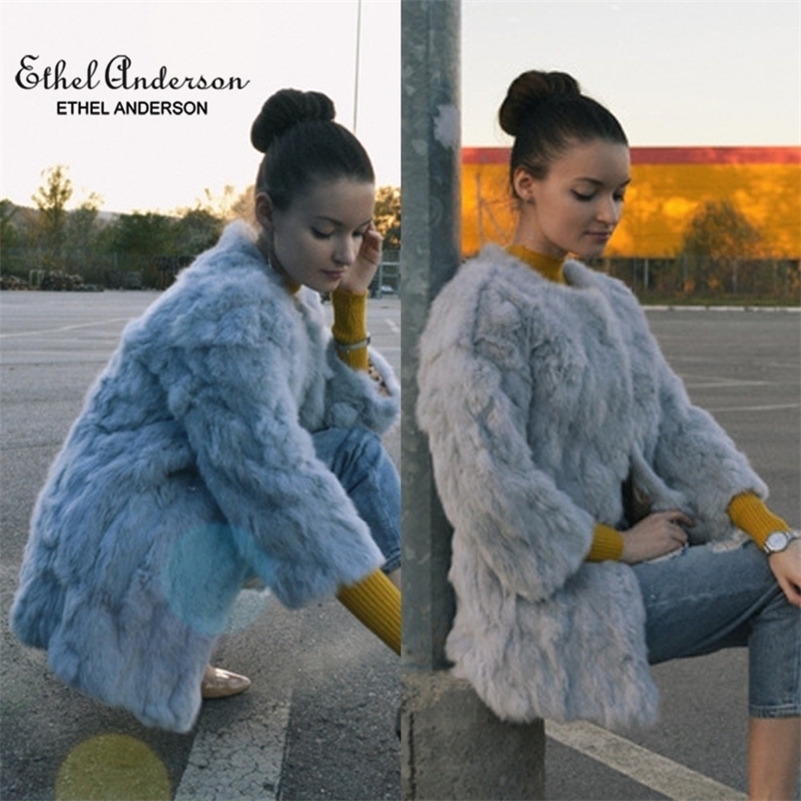 Ethel Anderson Natural O-Neck Thin Long Real Coat Genuine Full Pelt Jacket Women's Rabbit Fur Outwear 201103