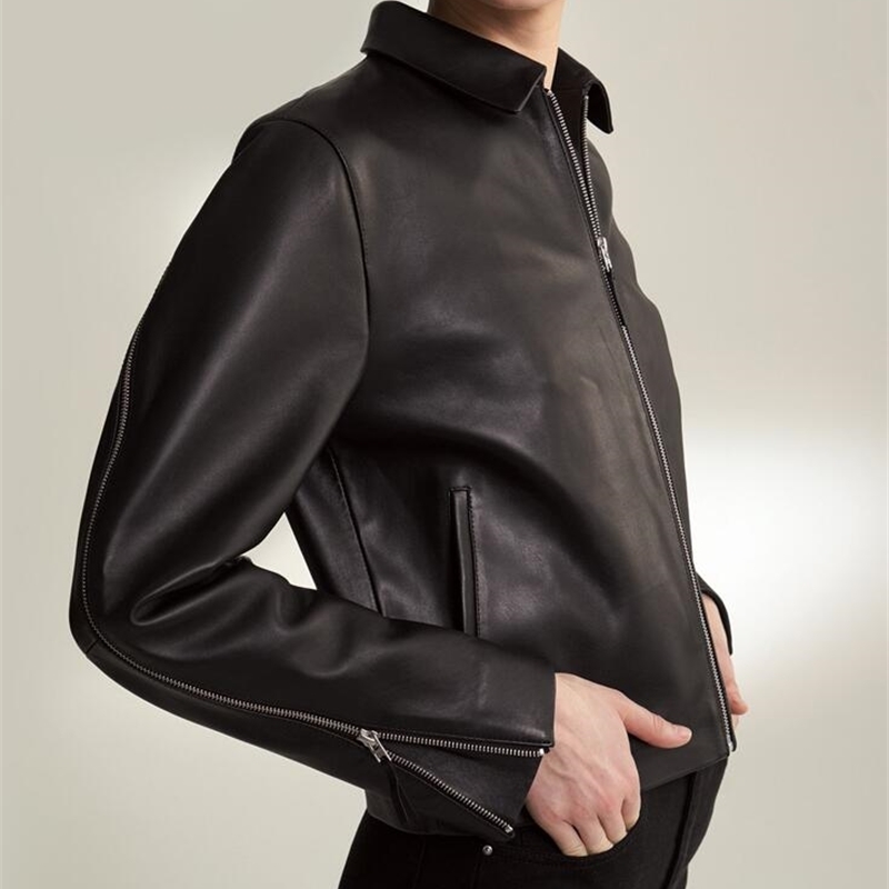 Fashion Black Lucca leather jacket front zip side slip pockets twisted zips along the sleeves cropped Leather Jackets Woman 201029