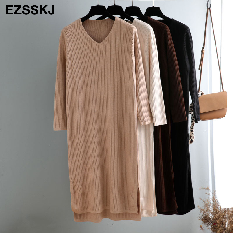 v-neck autumn winter sweater long elegant knit thick straight women loose split side casual chic dress 201110