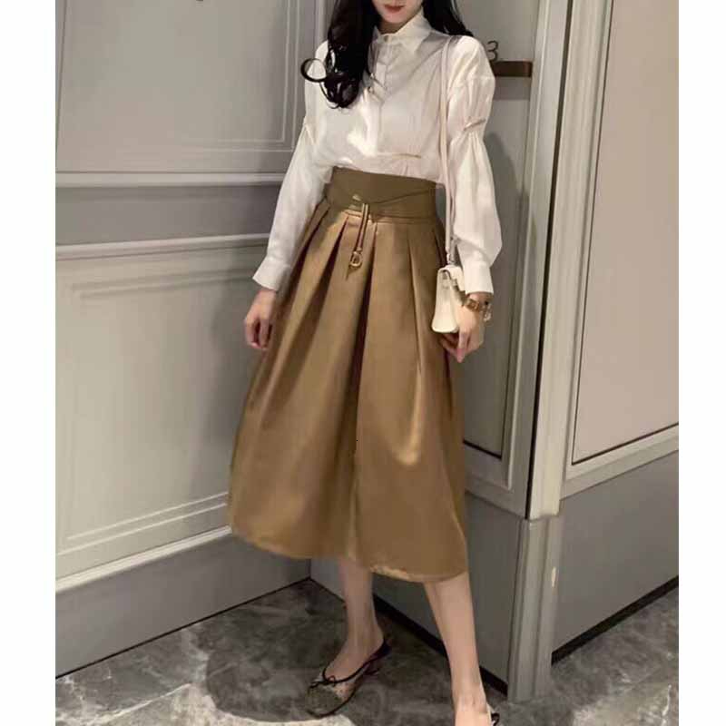 Cosmicchic Autumn Winter Women Solid Color Empire Midi Skirt D Metal Letter High Waist Elegant Aline Pleated Khaki Skirts T200324