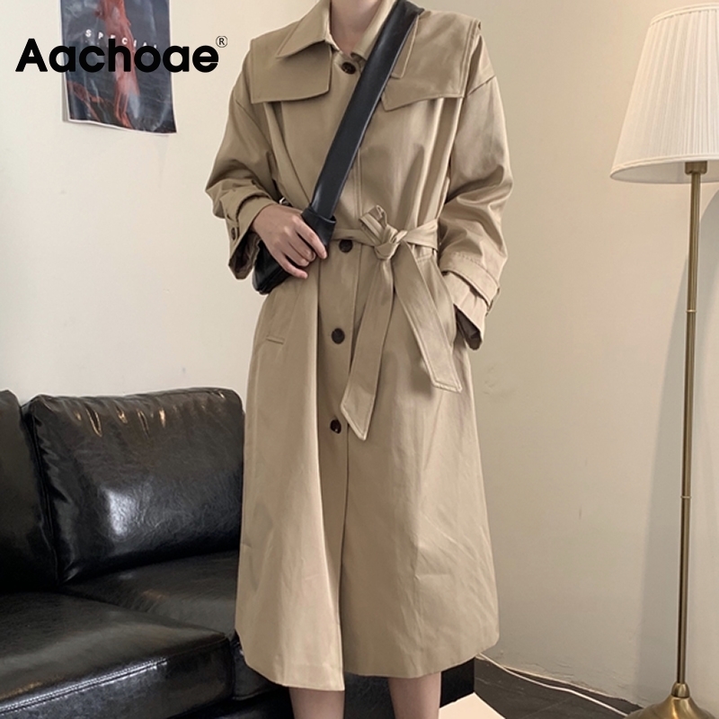 Aachoae Casual Trench Coat Long Windbreaker Women Korean Single Breasted Coat With Belt Solid Long Sleeve Pockets Outerwear 201111