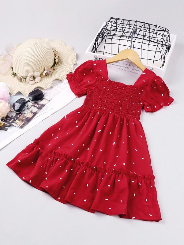 Toddler Girls Dalmatian Print Ruffle Hem Shirred Dress SHE