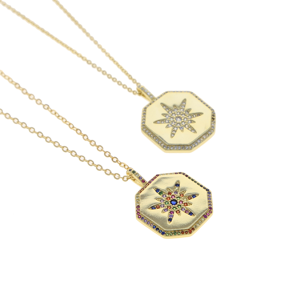 Geometric Fashion European Women Jewelry Promotion Gold Color White Rainbow CZ Starburst Hexagon Coin Pendant Necklace