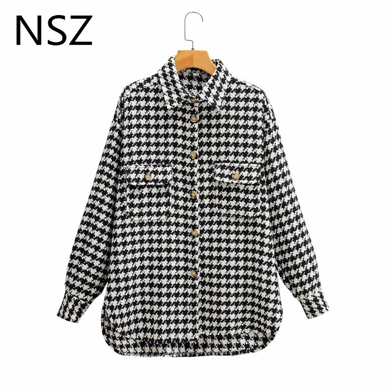 NSZ women black and white houndstooth oversized tweed jacket woolen blend plaid shirt coat checked overshirt outerwear fall 201023