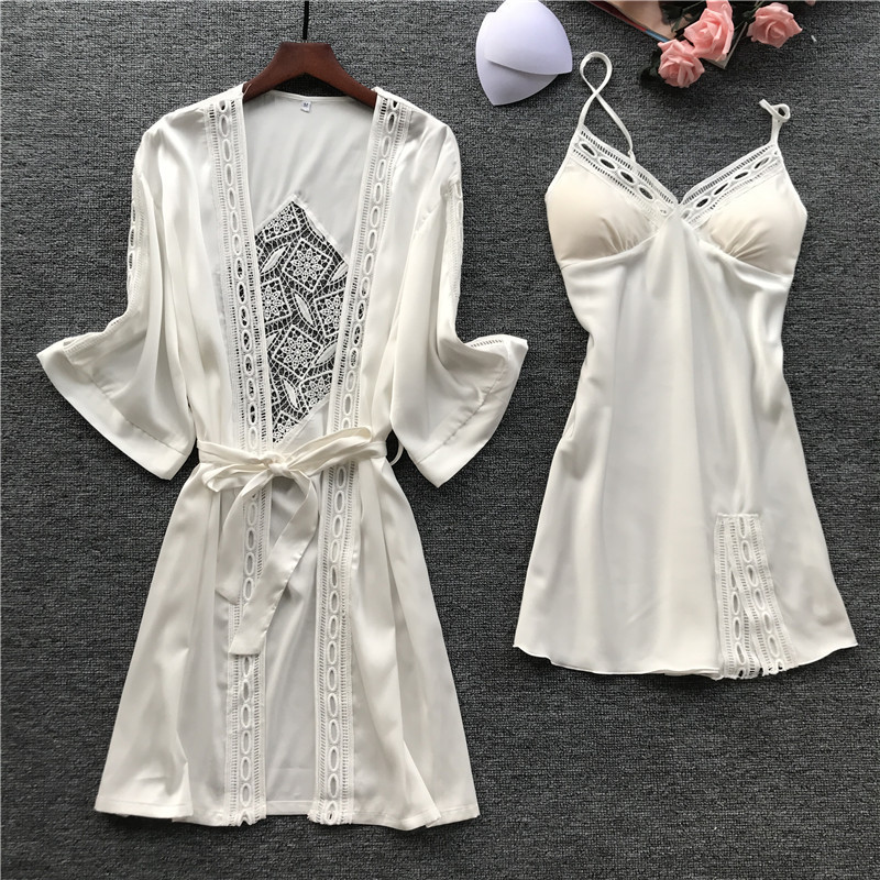 Sleep Lounge Pijamas Bathrobe Women Robe Gown Long Sleeve Ladies Nightwear Sets Sexy Lace Night Dress With Chest Pads 210203