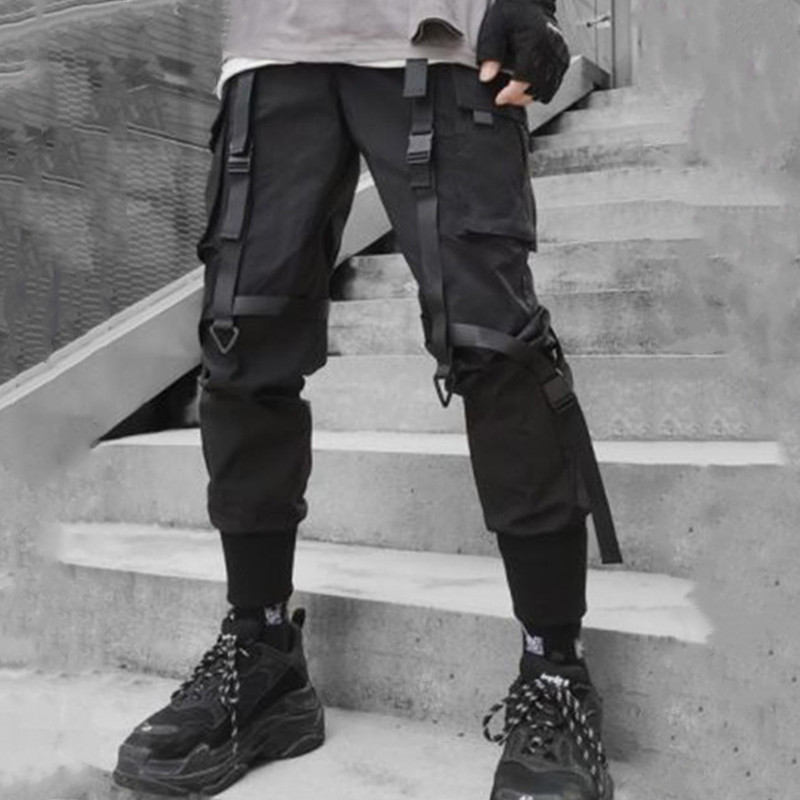 Joggers Cargo Pants for Men Casual Hip Hop Hit Color Pocket Male Trousers Sweatpants Streetwear Ribbons Techwear Pants 201027