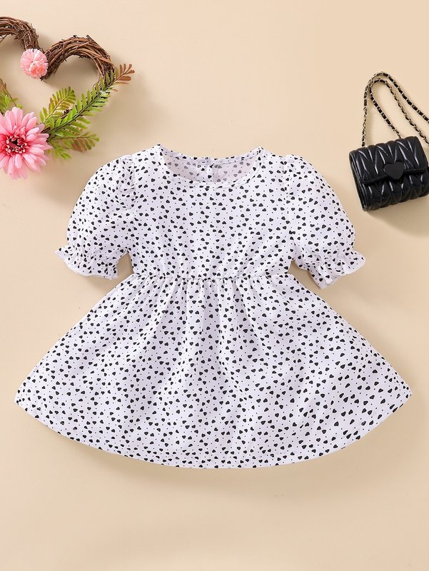 Baby Confetti Heart Print Puff Sleeve Button Back Dress SHE