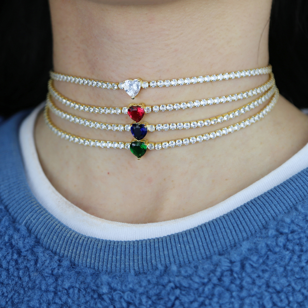 2021 Valentine's Day Gift 3mm Thin Tennis Chain Rainbow Colorful Red Green Blue White CZ Heart Gold Plated Girl Choker Necklace