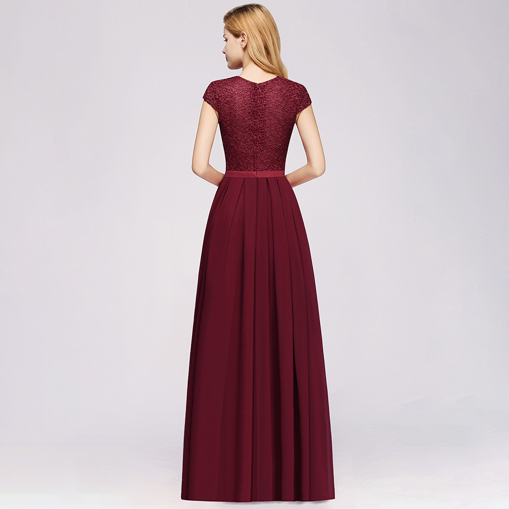 Elegant Lace Chiffon Long Bridesmaid Dresses Charming Short Sleeve Wedding Guest Dresses Burgundy robe demoiselle d'honneur 201113