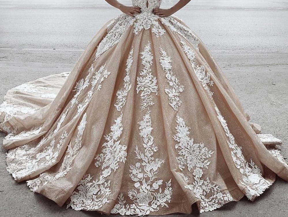 Lace Champagne Gorgeous Ball Gown Wedding Dresses Appliqued Sparkly Princess Dubai Arabic Bridal Gowns V Neck Vestidos De Novia AL S Estidos 6660306