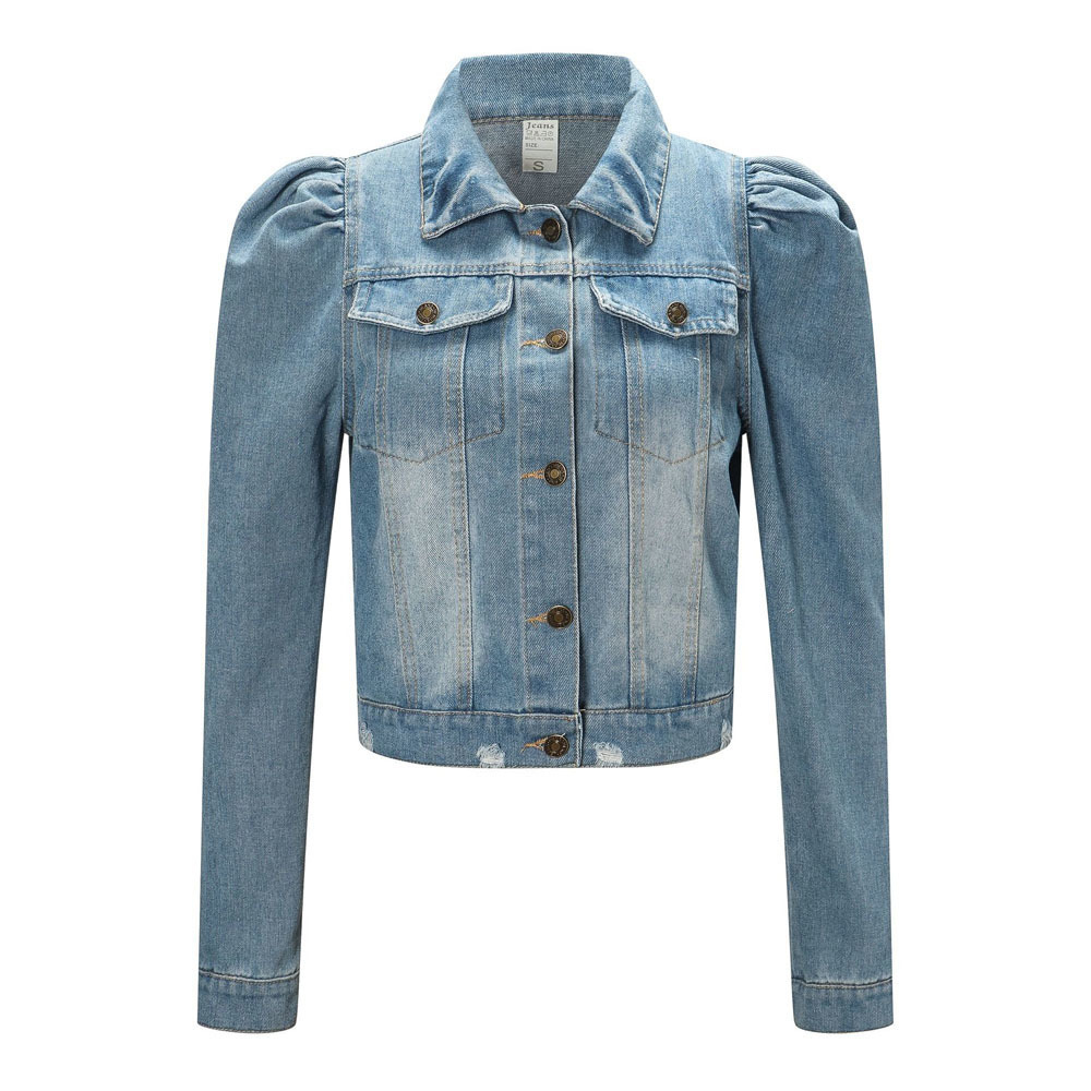 Spring Puff Sleeve Crop Denim Jackets Women Turn Down Collar Buttons Frayed Ripped Hole Jean Coat Pockets Bomber Jacket 201112