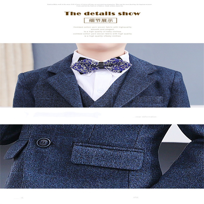 On Sale Three Pieces Children Suits Navy Boys Formal Boy Wear Plaid Stage Models Handsome British Fashion Style Boy Coat+Pant+Vest