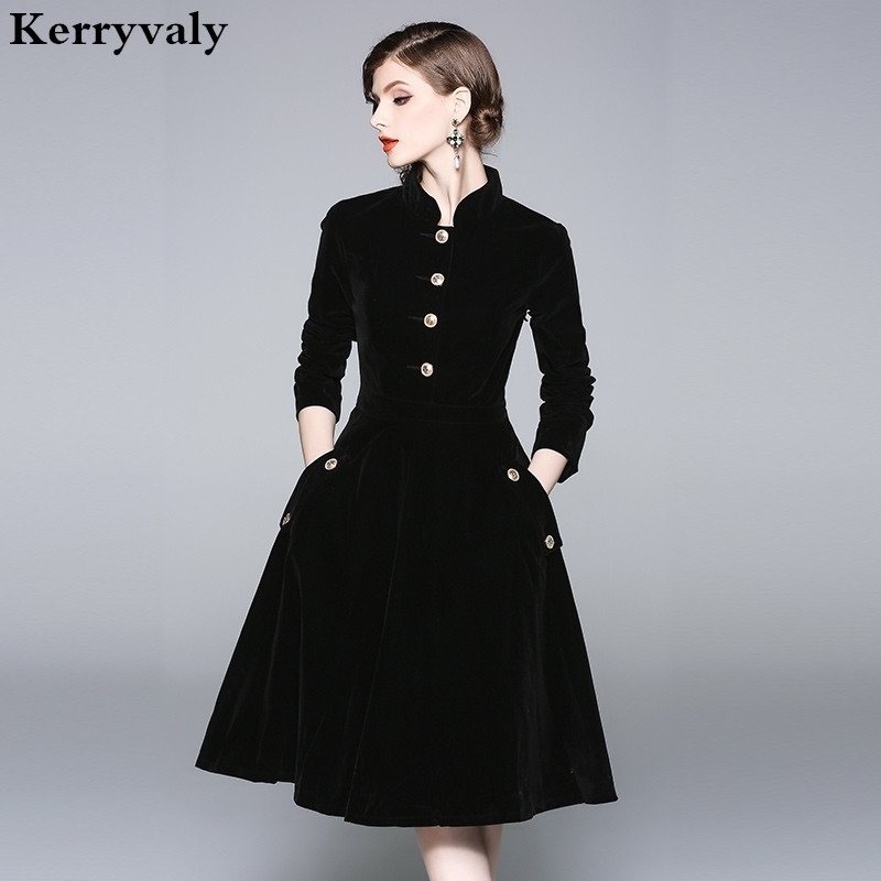 Vestido Plus Size Dress Women 3XL Winter Velvet Dresses Zomerjurken Dames Long Sleeve Black Office Retro Party Dress K8858 201030